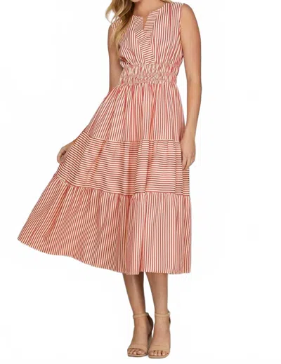 She + Sky Striped Split Neck Sleeveless Midi Dress In Red