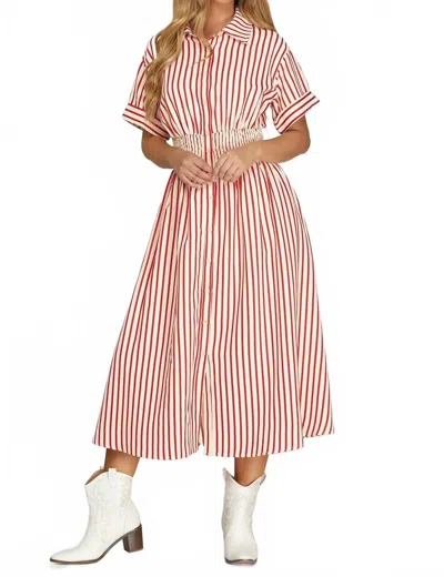 She + Sky Striped Woven Midi Shirt Dress In Red In Multi
