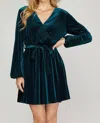 SHE + SKY SURPLICE DRESS WITH GOLD-DOT IN TEAL GREEN VELVET