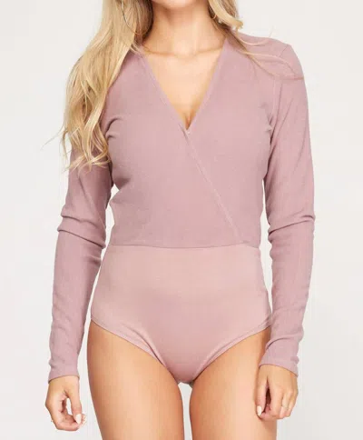 She + Sky Surplice Rib Knit Bodysuit In Misty Mauve In Pink