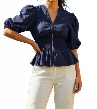 She + Sky Sweet Magnolia Puff Blouse In Navy In Animal Print