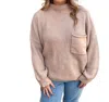 She + Sky Talia Long Sleeve Sweater Top With Front Pocket In Taupe In Grey