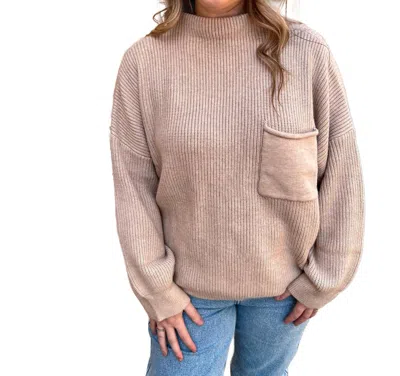 She + Sky Talia Long Sleeve Sweater Top With Front Pocket In Taupe In Grey
