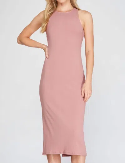 She + Sky The Delilah Dress: Cross Back Ribbed Knit Bodycon Midi Dress In Dusty Rose In Pink