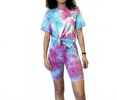 She + Sky Tie Dyed Knit Biker Shorts In Magenta/blue