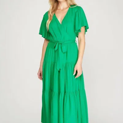 She + Sky Tiered Maxi Dress With Flutter Sleeve In Kelly Green