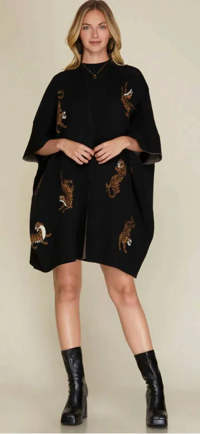 She + Sky Tiger Pattern Poncho In Black In Red