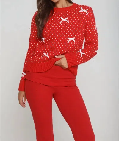 She + Sky Two Tone Bow Sweater In Red