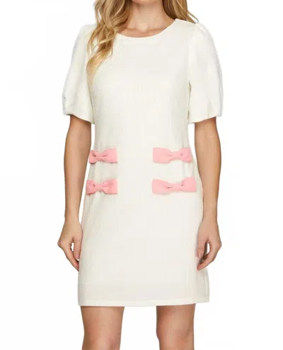 She + Sky Uptown Girl Short Sleeve Knit Tweed Mini Dress With Bow Detail In Off White