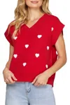 She + Sky V-neck Heart Pattern Sweater Vest In Red In Red