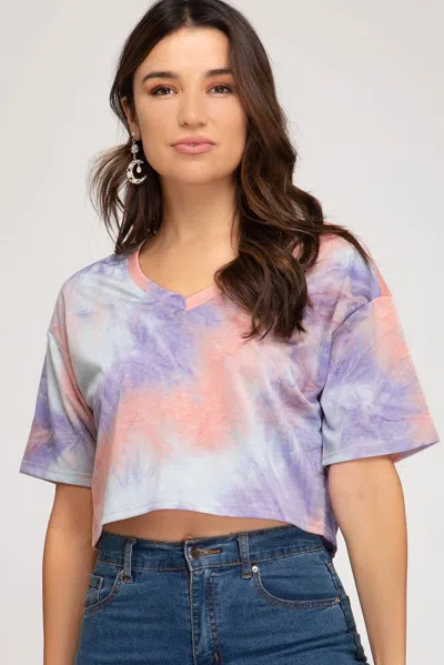 She + Sky V-neck Tie Dyed Terry Crop Top In Peach Purple In Multi
