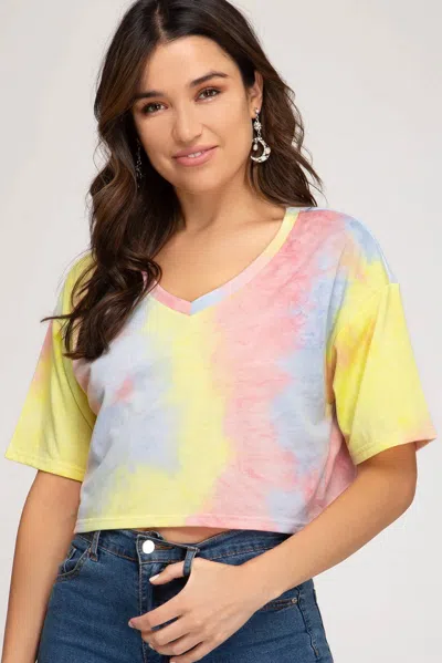 She + Sky V-neck Tie Dyed Terry Crop Top In Yellow/ Pink In Multi
