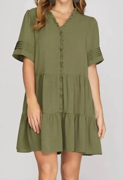 She + Sky V-neck Tiered Dress In Olive In Green