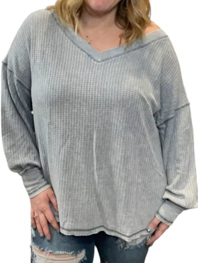 She + Sky Waffle Knit Bubble Sleeve Pullover Sweater In Grey In Gray