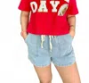 She + Sky Washed Denim Shorts With Elastic Waist Band And Pockets In Denim Blue In Blue