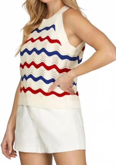 She + Sky Wavy Stripe Halter Sweater Top In Red/blue In Multi
