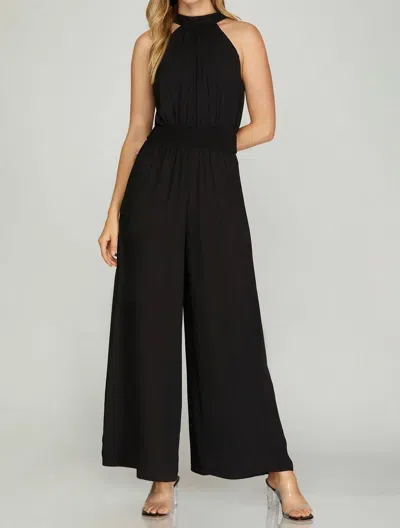 She + Sky Wide Leg Smocked Waist Halter Jumpsuit In Black