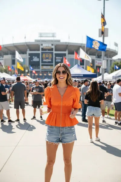 She + Sky Women's Game Day Puff Sleeve Waist Smocking Front Zipper Top In Orange In Pattern