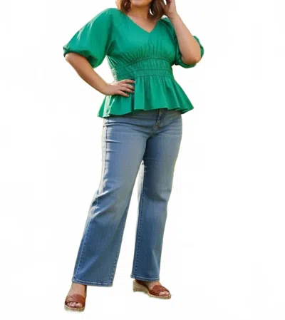 She + Sky Women's Half Bubble Sleeve V Neck Woven Top In Green
