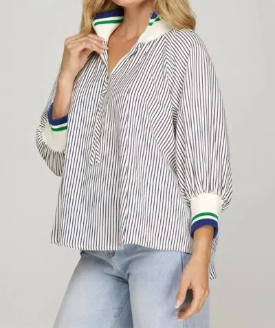 She + Sky Women's Half Zipped Striped Top In Navy White
