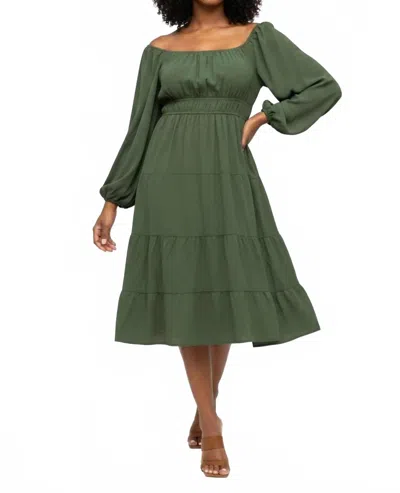 She + Sky Women's Long Sleeve Woven Tiered Dress In Olive In Green