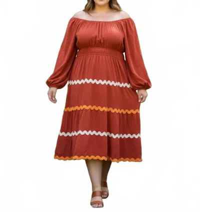 She + Sky Women's Long Sleeve Woven Tiered Ric Rac Trim Dress - Plus In Rust In Yellow