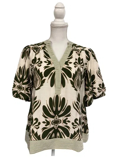 She + Sky Women's Mix Printed Puff Sleeve Top With Contrast Trim In Green
