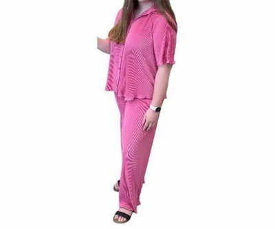 She + Sky Women's Plisse Button Down Top With Pants In Pink