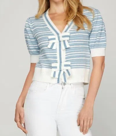 She + Sky Women's Puff Sleeve Bow Cropped Cardigan In Light Blue