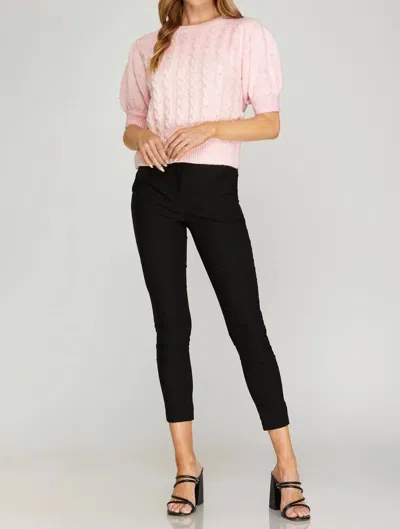She + Sky Women's Puff Sleeve Cable Knit Sweater W/ Pearls In Pink