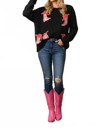She + Sky Women's Pullover Cowboy Boots Print Sweater In Black In Blue