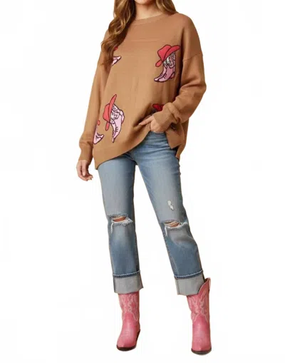 She + Sky Women's Pullover Cowboy Boots Print Sweater In Caramel In Brown