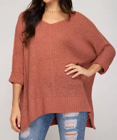 She + Sky Women's Quarter Sleeve Hi Low Knit Sweater In Antique Coral In Brown