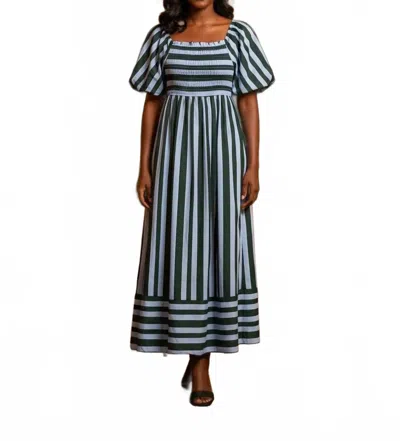 She + Sky Women's Short Bubble Sleeve Smocked Top Striped Midi Dress In Blue In White