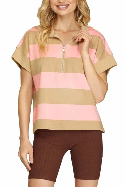 She + Sky Women's Short Sleeve Mock Neck Striped Sweatshirt In Pink