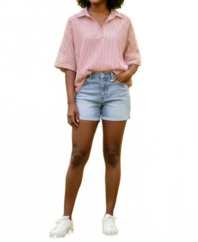 She + Sky Women's Short Sleeve Oversized Striped Top In White Red In Blue