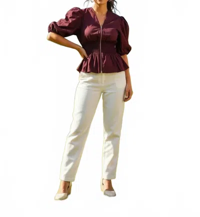She + Sky Women's Sweet Magnolia Puff Blouse In Wine In Burgundy