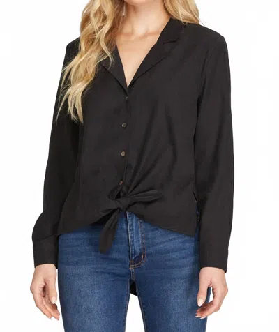 She + Sky Woven Button Down Long Sleeve Shirt With Front Tie Detail In Black