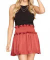 She + Sky Woven Satin With Smocked Waistband And Shorts Lining Mini Skirt In Caramel In Black