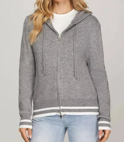 She + Sky Zip Up Hooded Sweater In Grey In Gray