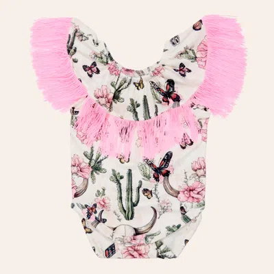 Shea Baby Babies' Infant Girls' White Blooming Cactus Butterfly Fringed Print Onesie In Pink
