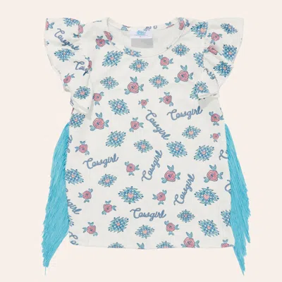 Shea Baby Babies' Toddler Girls' White & Turquoise Retro Cowgirl Print Fringe Top