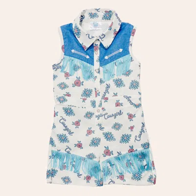Shea Baby Babies' Toddler Girls' White & Turquoise Retro Cowgirl Print Pearl Snap Romper In Blue