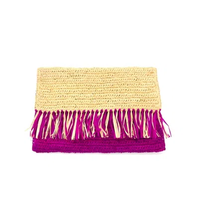 Shebobo Women's Coco Fringe Crochet Straw Clutch In Fuschia In Purple
