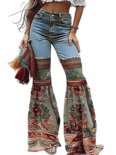 Sheer Trend Flared Pants Floral Printed High Waisted Pockets Denim Jean In Blue