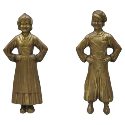 Pre-owned Sheffield Antique  Dutch Boy And Girl Bronze & Cast Iron Fireplace Andiron - Pair In Gold