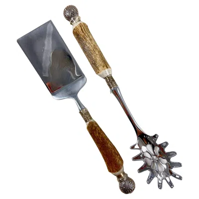 Pre-owned Sheffield English Stag Antler Handled, Sterling Silver Capped Pasta Servers, S/2