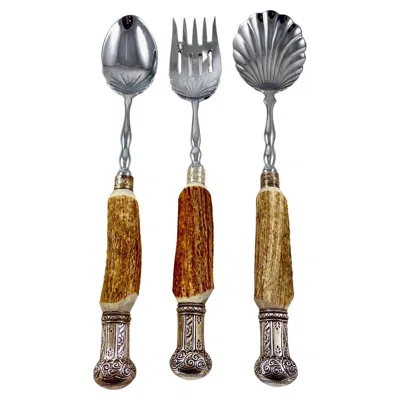 Pre-owned Sheffield English Stag Antler Handled, Sterling Silver Capped Table Servers, S/3 In Brown