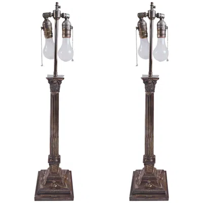 Pre-owned Sheffield Mfg. Co 1 Pair Of Classical Silver Plate Column Lamps