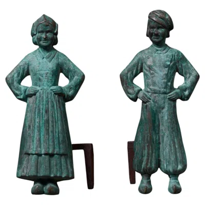 Pre-owned Sheffield Pair Of Dutch Boy & Girl Andirons, Bronze And Iron In Gold